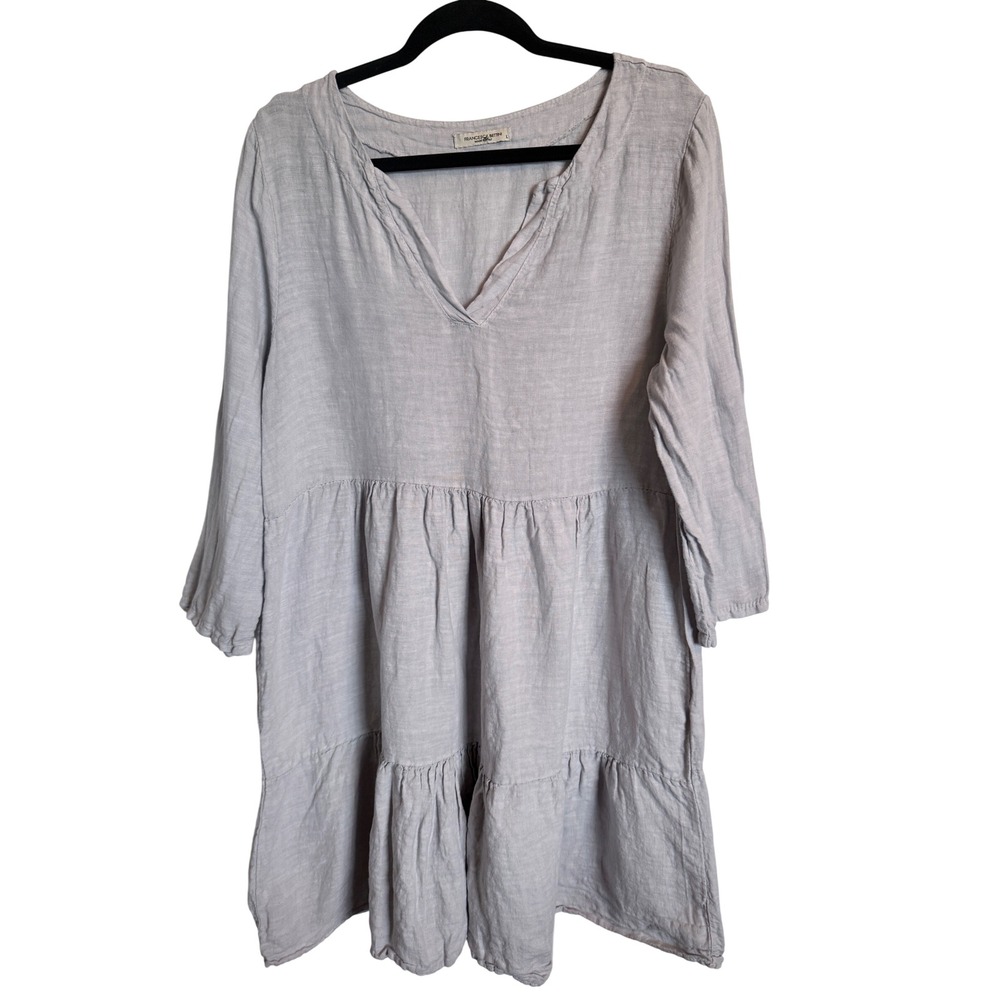 Francesca Bettini Italy 100% Linen Dress L Light Gray Tiered Cottagecore Coastal